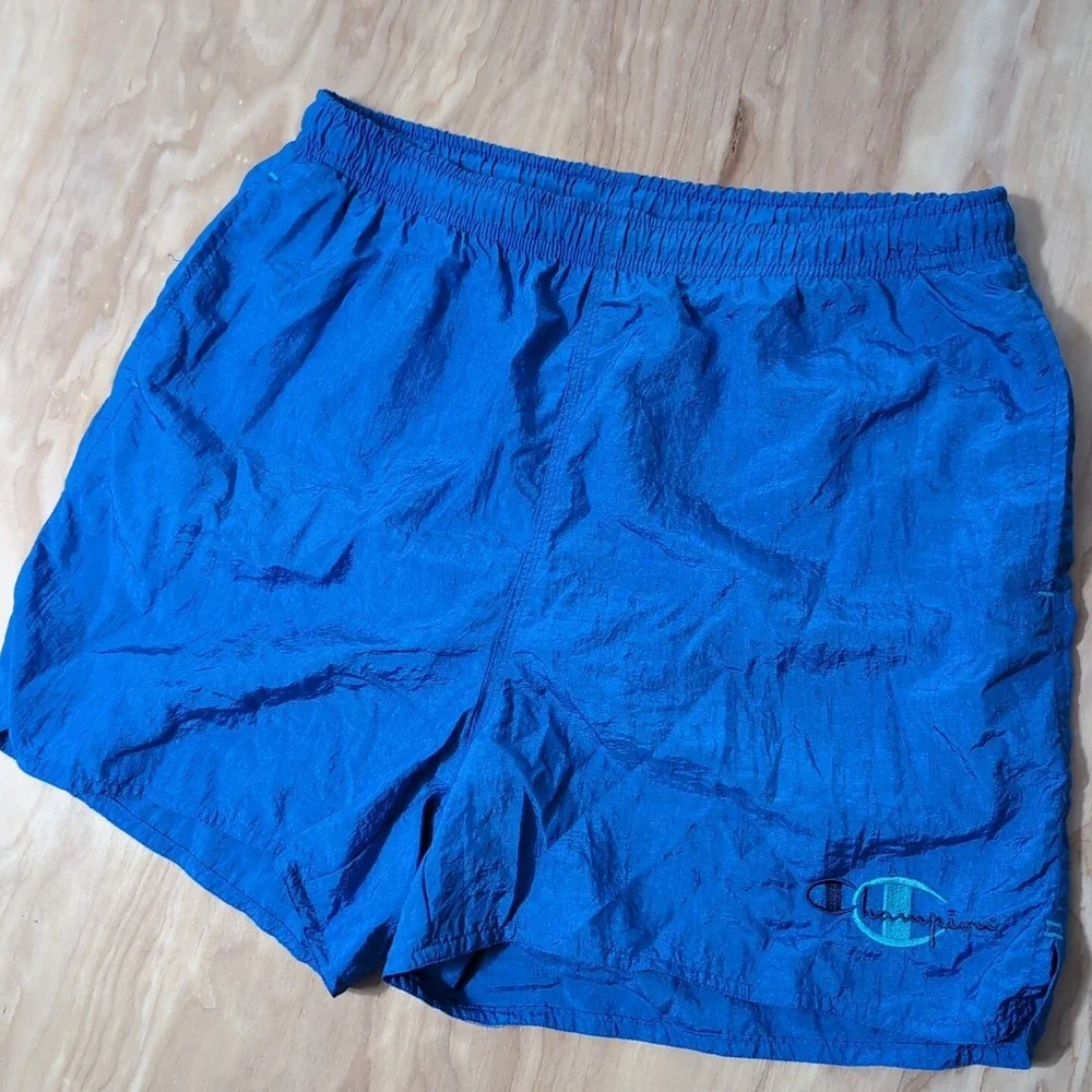 Vintage Champion Swim Trunks Shorts‎ Med Shiny Bright Blue Brief 31
